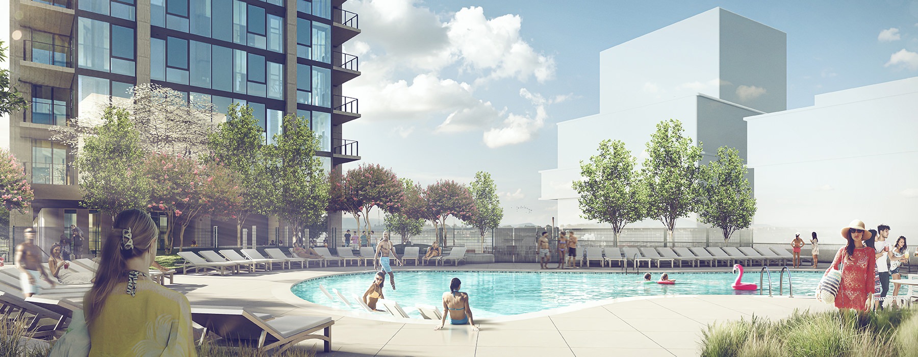 rendering of pool with view of skyline with buildings